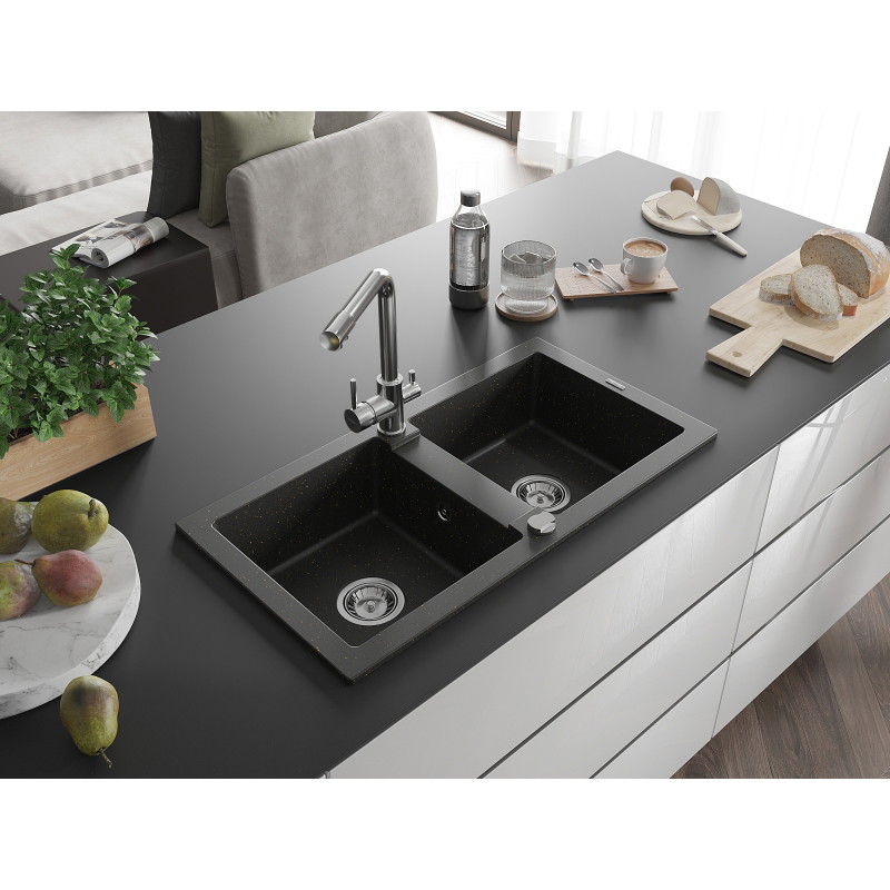 Mexen Mario granite double-bowl kitchen sink with Duero faucet, black/gold metallic - 6504-75-671600-00