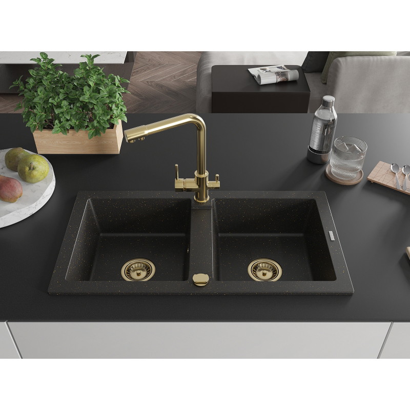 Mexen Mario 2-bowl granite sink with Duero kitchen faucet, black/gold metallic - 6504-75-671600-50