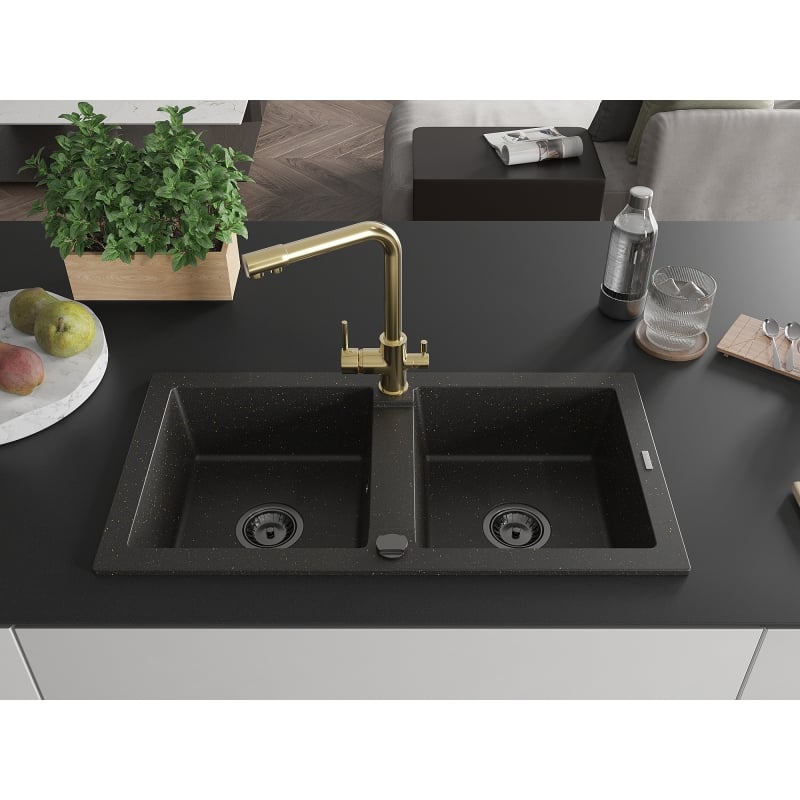 Mexen Mario granite sink with 2 compartments and Duero kitchen faucet, black/gold metallic - 6504-75-671600-50-B