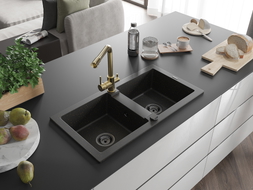 Mexen Mario granite double-bowl sink with Duero kitchen faucet, black/gold metallic - 6504-75-671600-50-B