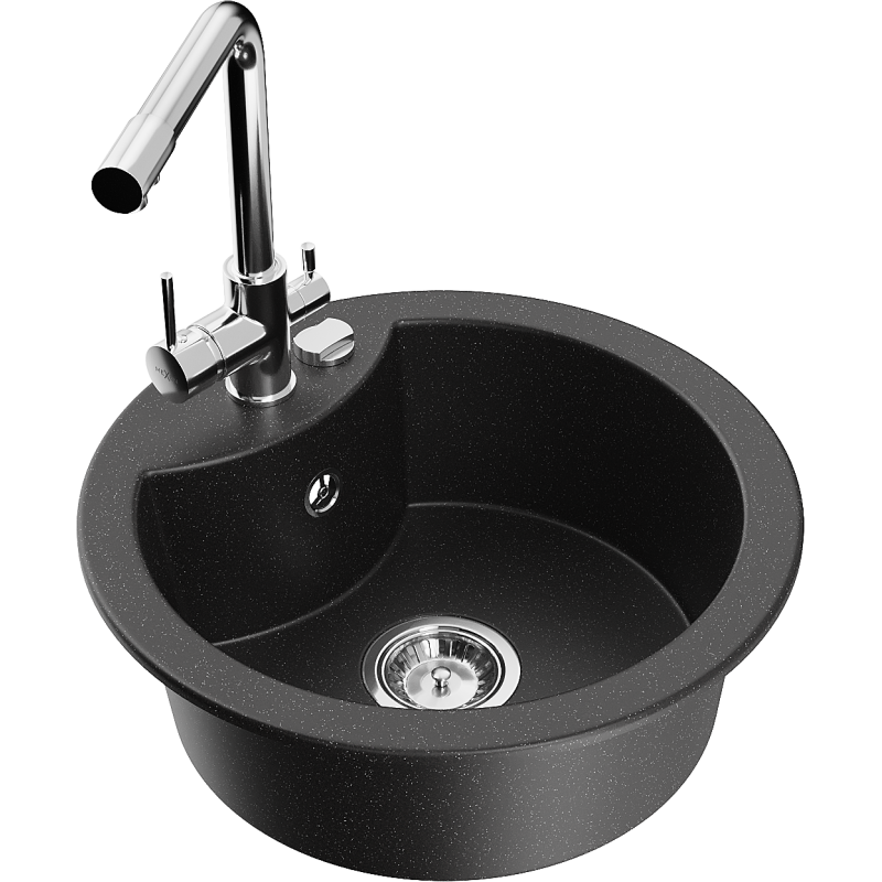 Mexen Diego 1-Bowl Granite Sink with Duero Kitchen Tap, Black/Silver Metallic - 6512-73-671600-00