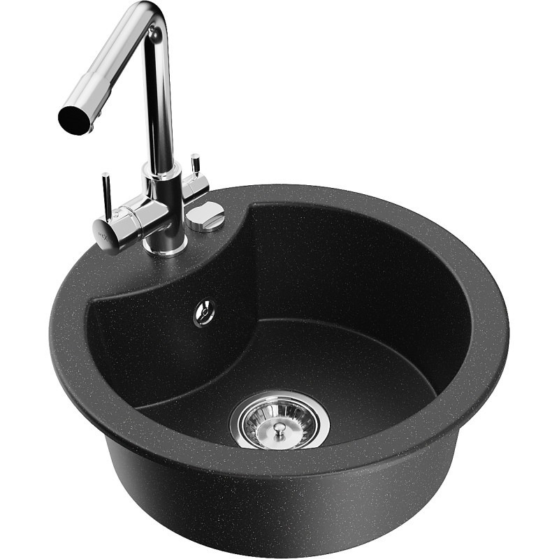 Mexen Diego granite kitchen sink 1-bowl with Duero kitchen faucet, black/silver metallic - 6512-73-671600-00