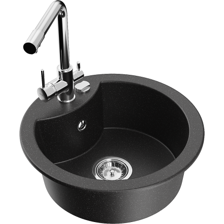 Mexen Diego 1-Bowl Granite Sink with Duero Kitchen Tap, Black/Silver Metallic - 6512-73-671600-00