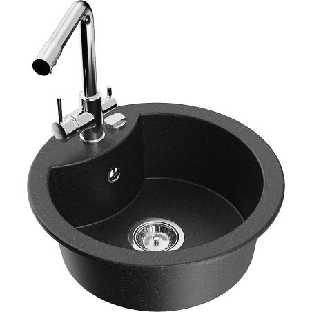 Mexen Diego granite sink 1-bowl with Duero kitchen faucet, black/silver metallic - 6512-73-671600-00