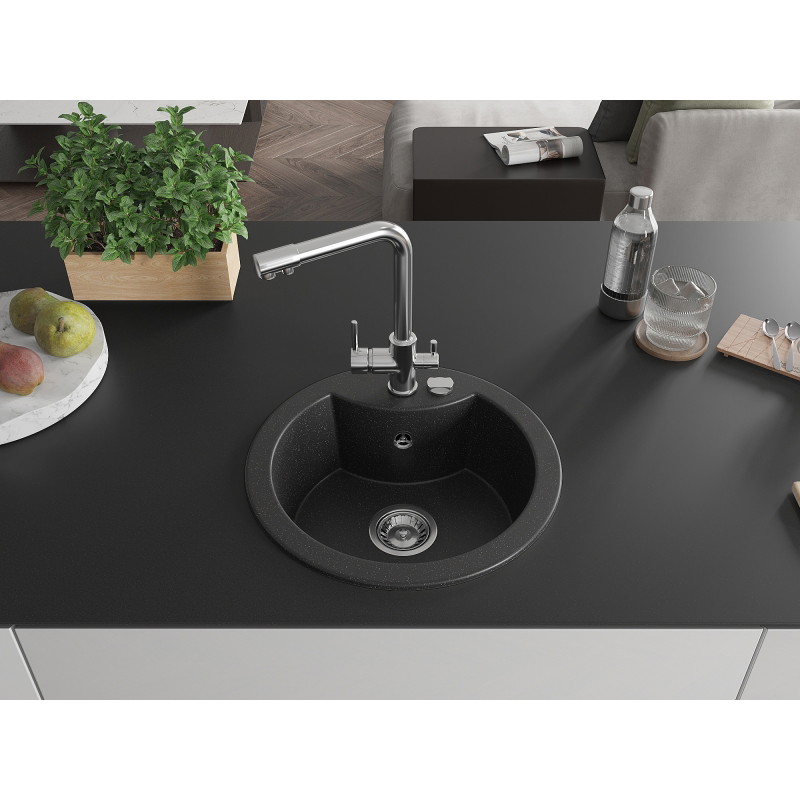 Mexen Diego granite sink 1-bowl with Duero kitchen faucet, black/silver metallic - 6512-73-671600-00