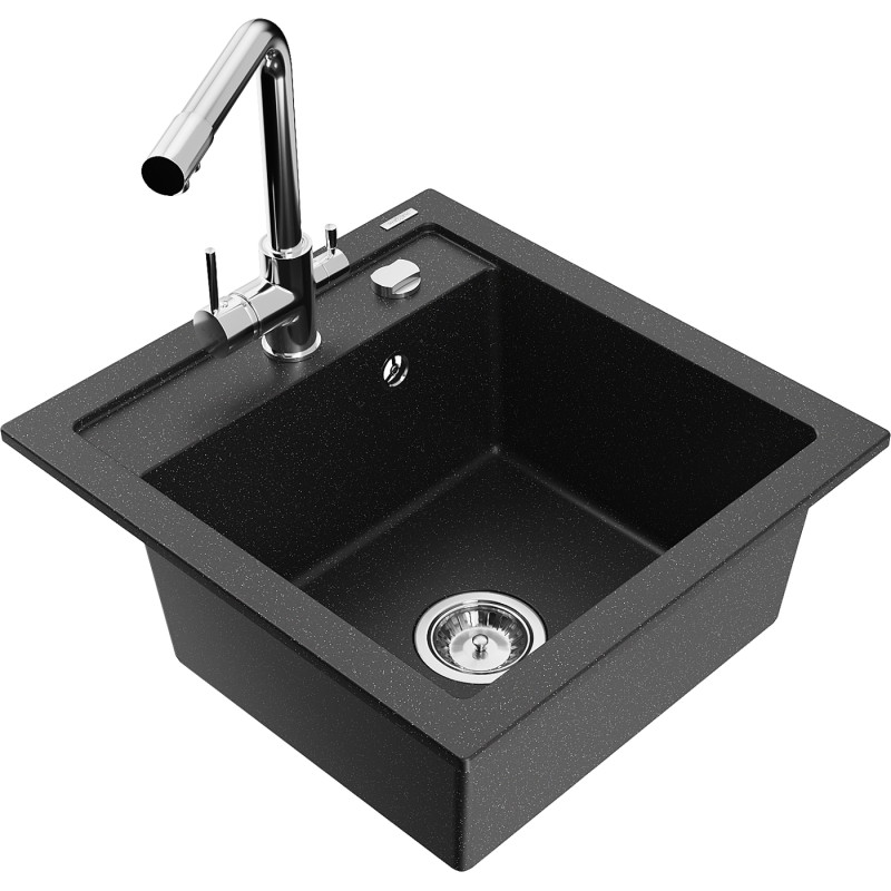 Mexen Vito granite kitchen sink 1-bowl with Duero kitchen faucet, black/silver metallic - 6503-73-671600-00