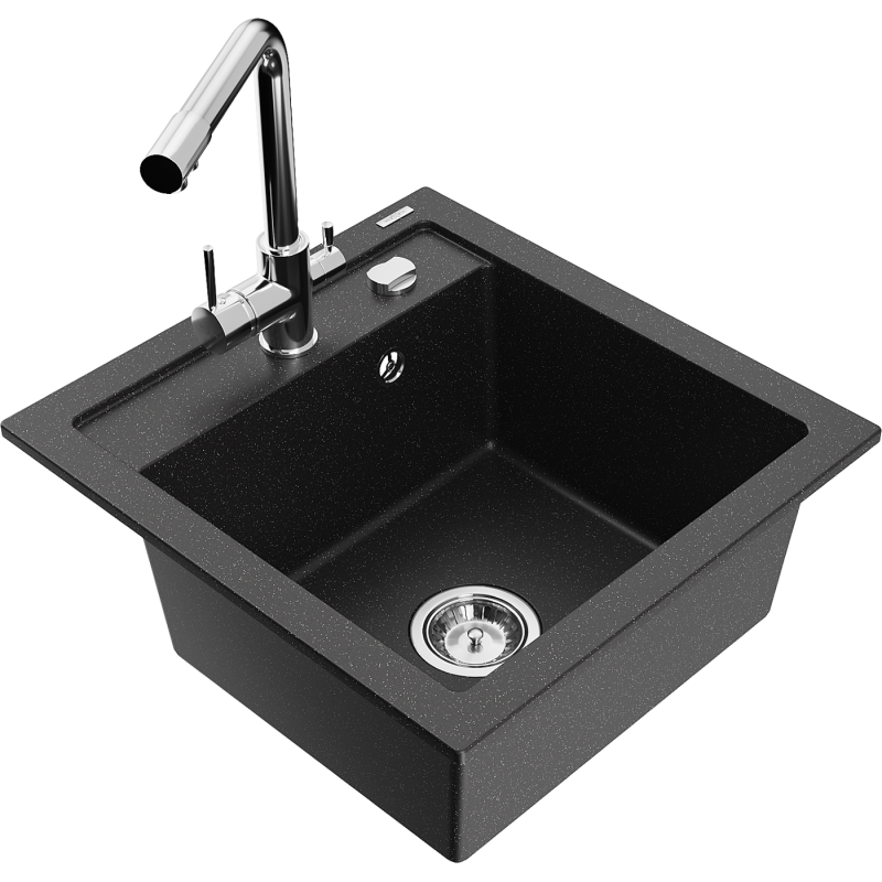 Mexen Vito granite sink 1-bowl with Duero kitchen tap, black/silver metallic - 6503-73-671600-00