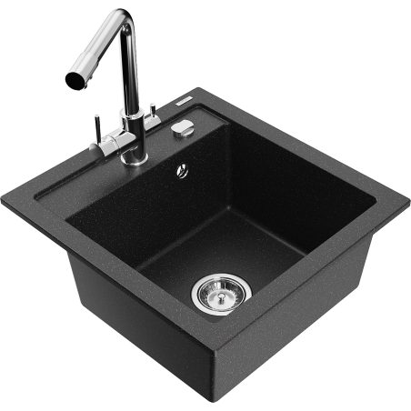 Mexen Vito granite sink 1-bowl with Duero kitchen tap, black/silver metallic - 6503-73-671600-00