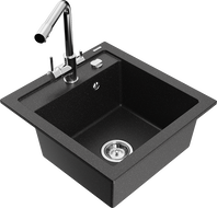 Mexen Vito granite sink 1-bowl with Duero kitchen tap, black/silver metallic - 6503-73-671600-00