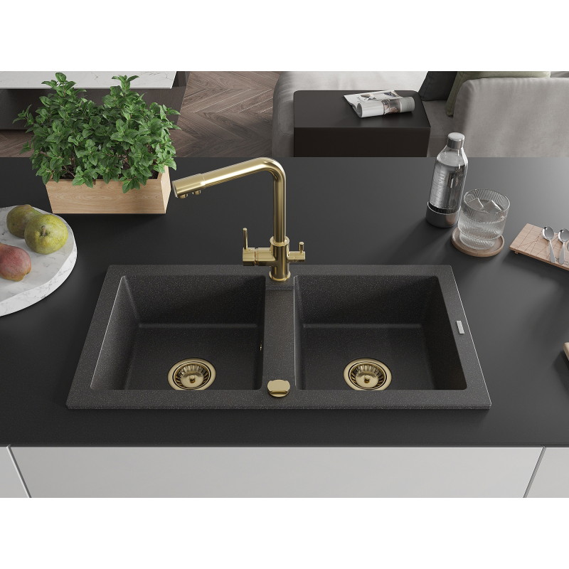 Mexen Mario 2-bowl granite sink with Duero kitchen faucet, black speckled - 6504-76-671600-50
