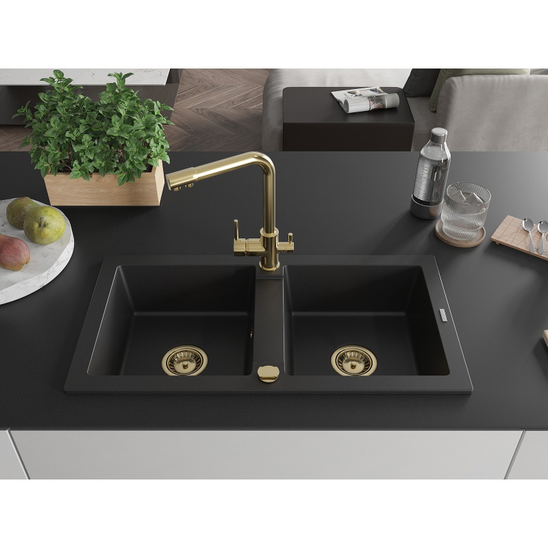 Mexen Mario 2-bowl granite sink with Duero kitchen faucet, black - 6504-77-671600-50