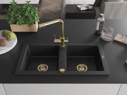 Mexen Mario granite double-bowl sink with Duero kitchen faucet, black - 6504-77-671600-50
