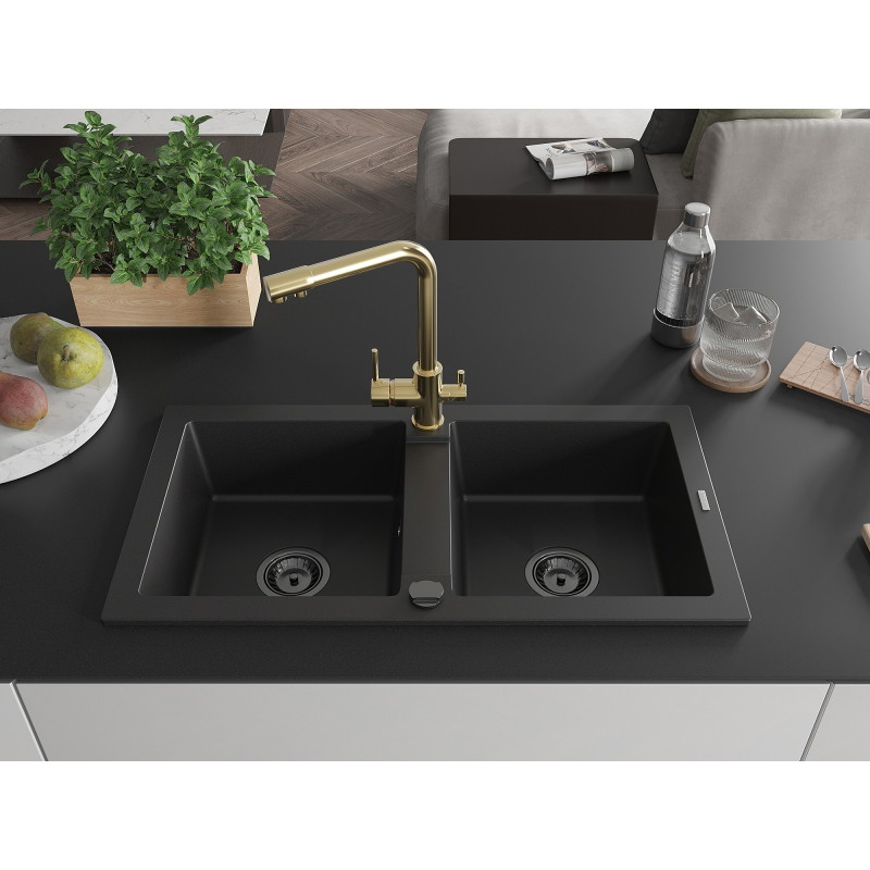Mexen Mario granite double-bowl kitchen sink with Duero faucet, black - 6504-77-671600-50-B