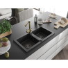 Mexen Mario granite double-bowl sink with Duero kitchen faucet, black - 6504-77-671600-50-B