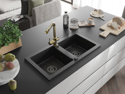 Mexen Mario granite double-bowl sink with Duero kitchen faucet, black - 6504-77-671600-50-B