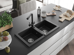 Mexen Mario granite sink 2-compartment with Duero kitchen tap, black - 6504-77-671600-70