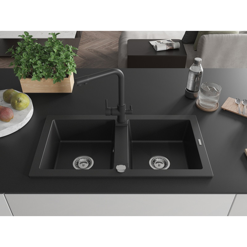 Mexen Mario 2-bowl granite sink with Duero kitchen faucet, black - 6504-77-671600-70