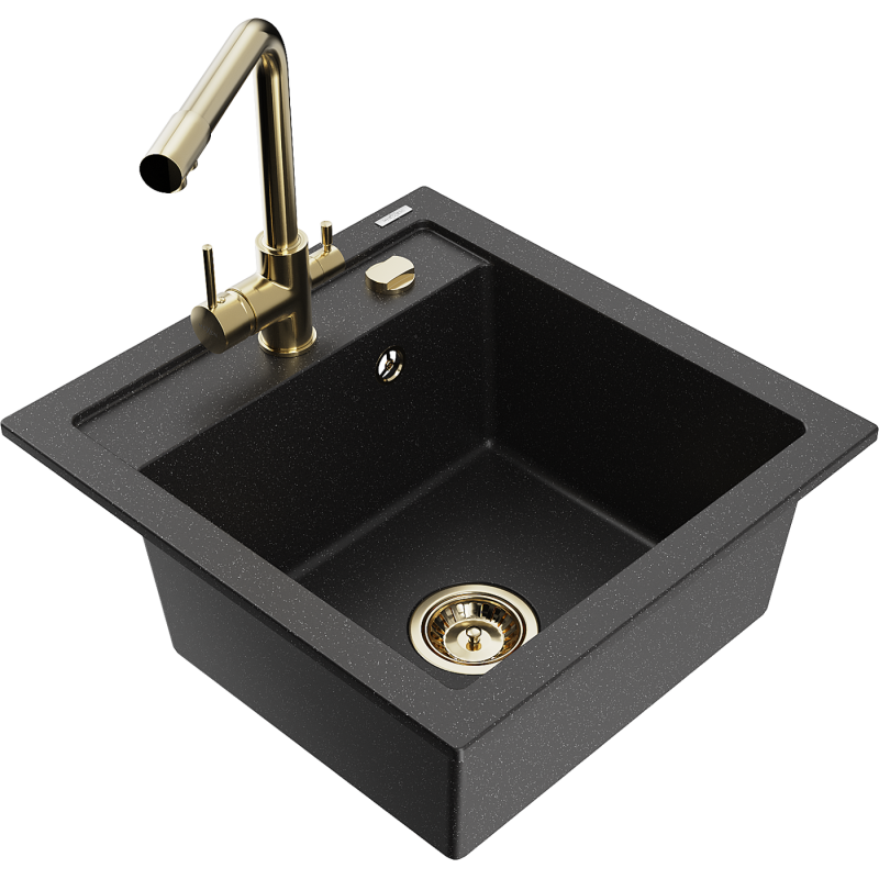 Mexen Vito 1-bowl granite kitchen sink with Duero tap, black/silver metallic - 6503-73-671600-50