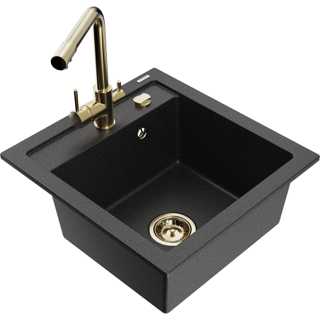Mexen Vito 1-bowl granite kitchen sink with Duero tap, black/silver metallic - 6503-73-671600-50