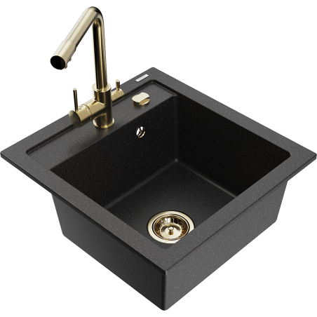 Mexen Vito 1-bowl granite sink with Duero kitchen faucet, black/silver metallic - 6503-73-671600-50