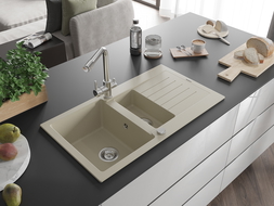 Mexen Matias 1.5-compartment granite sink with a drip tray and kitchen mixer tap Duero, Beige - 6502-69-671600-00