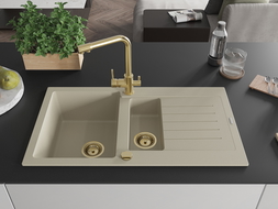 Mexen Matias 1.5-compartment granite sink with a drip tray and kitchen mixer tap Duero, Beige - 6502-69-671600-50