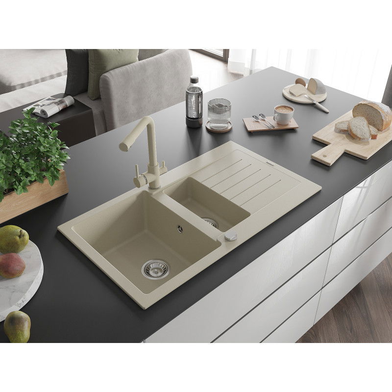 Mexen Matias granite sink 1.5-bowl with drainer and Duero kitchen tap, beige - 6502-69-671600-69