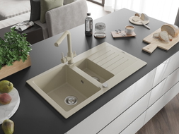 Mexen Matias granite sink 1.5-bowl with drainer and Duero kitchen faucet, beige - 6502-69-671600-69