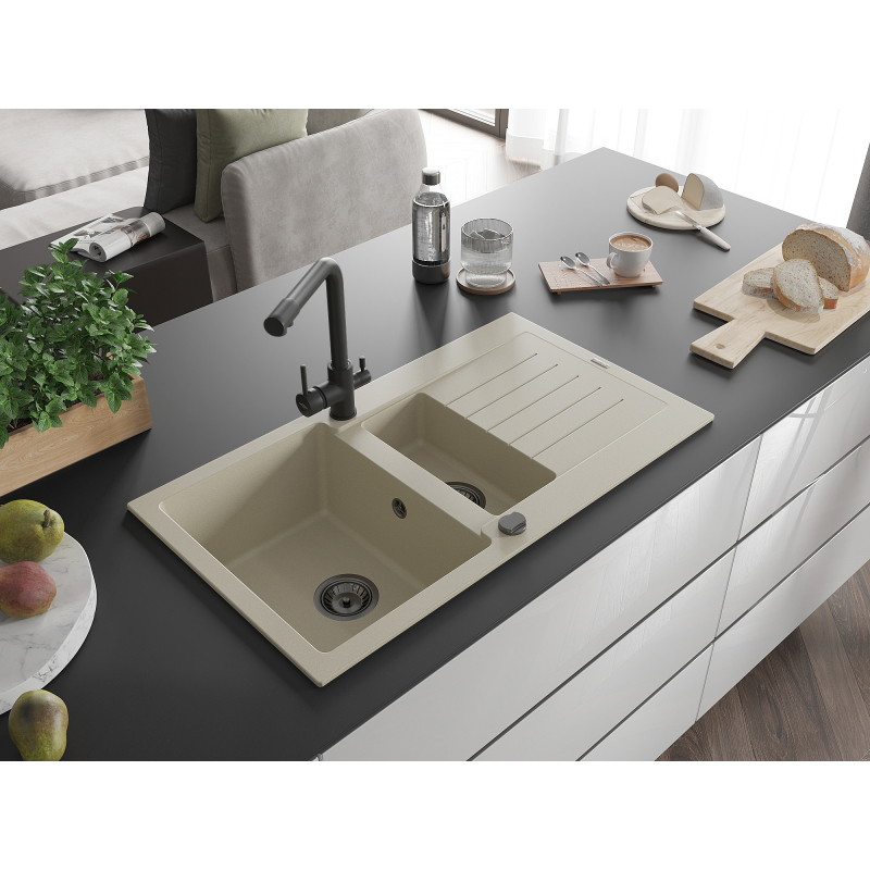 Mexen Matias 1.5-bowl granite sink with drainer and Duero kitchen faucet, beige - 6502-69-671600-70