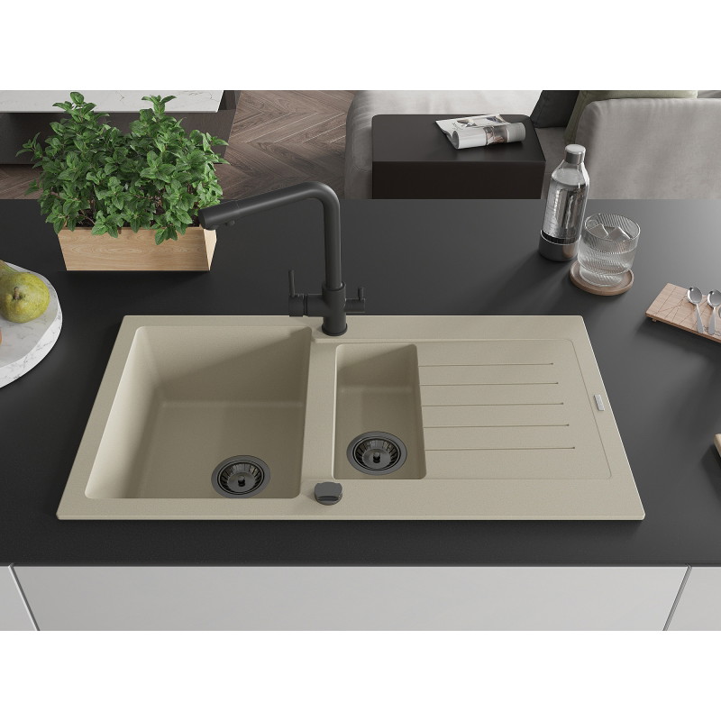 Mexen Matias 1.5-bowl granite sink with drainer and Duero kitchen faucet, beige - 6502-69-671600-70