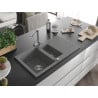 Mexen Matias 1.5-bowl granite sink with drainer and Duero kitchen faucet, gray - 6502-71-671600-00