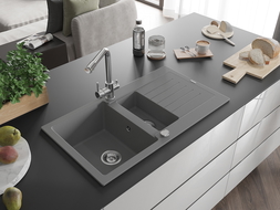 Mexen Matias 1.5-compartment granite sink with a drip tray and kitchen mixer tap Duero, Grey - 6502-71-671600-00