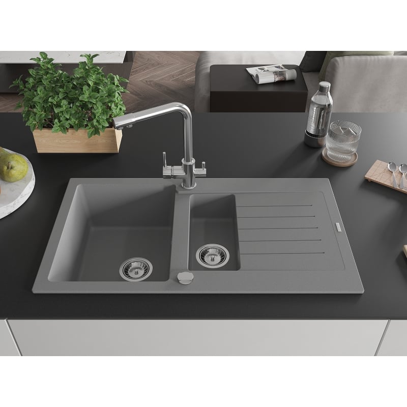 Mexen Matias 1.5-bowl granite sink with drainer and Duero kitchen faucet, gray - 6502-71-671600-00