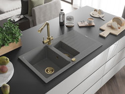 Mexen Matias 1.5-compartment granite sink with a drip tray and kitchen mixer tap Duero, Grey - 6502-71-671600-50