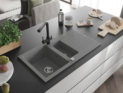 Mexen Matias 1.5-compartment granite sink with a drip tray and kitchen mixer tap Duero, Grey - 6502-71-671600-70