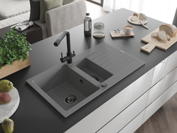 Mexen Matias 1.5-compartment granite sink with a drip tray and kitchen mixer tap Duero, Grey - 6502-71-671600-70-B