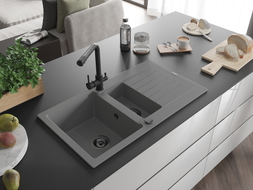 Mexen Matias granite sink with 1.5 bowls, drainer, and Duero kitchen faucet, gray - 6502-71-671600-70-B