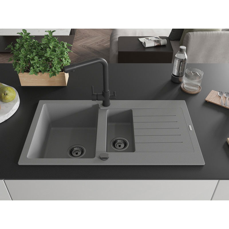 Mexen Matias granite sink 1.5-bowl with drainer and Duero kitchen tap, grey - 6502-71-671600-70-B