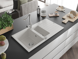 Mexen Matias 1.5-compartment granite sink with a drip tray and kitchen mixer tap Duero, White - 6502-20-671600-00