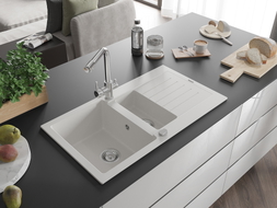 Mexen Matias granite sink 1.5-bowl with drainer and Duero kitchen faucet, white - 6502-20-671600-00