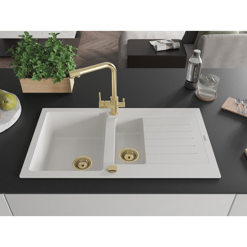 Mexen Matias granite sink 1.5-bowl with drainer and Duero kitchen tap, white - 6502-20-671600-50