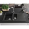 Mexen Matias granite sink with 1.5 bowls, drainer, and Duero kitchen faucet, black/silver metallic - 6502-73-671600-00