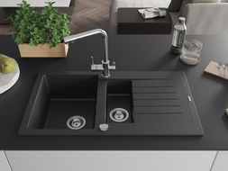 Mexen Matias granite sink 1.5-bowl with drainer and Duero kitchen faucet, black/silver metallic - 6502-73-671600-00