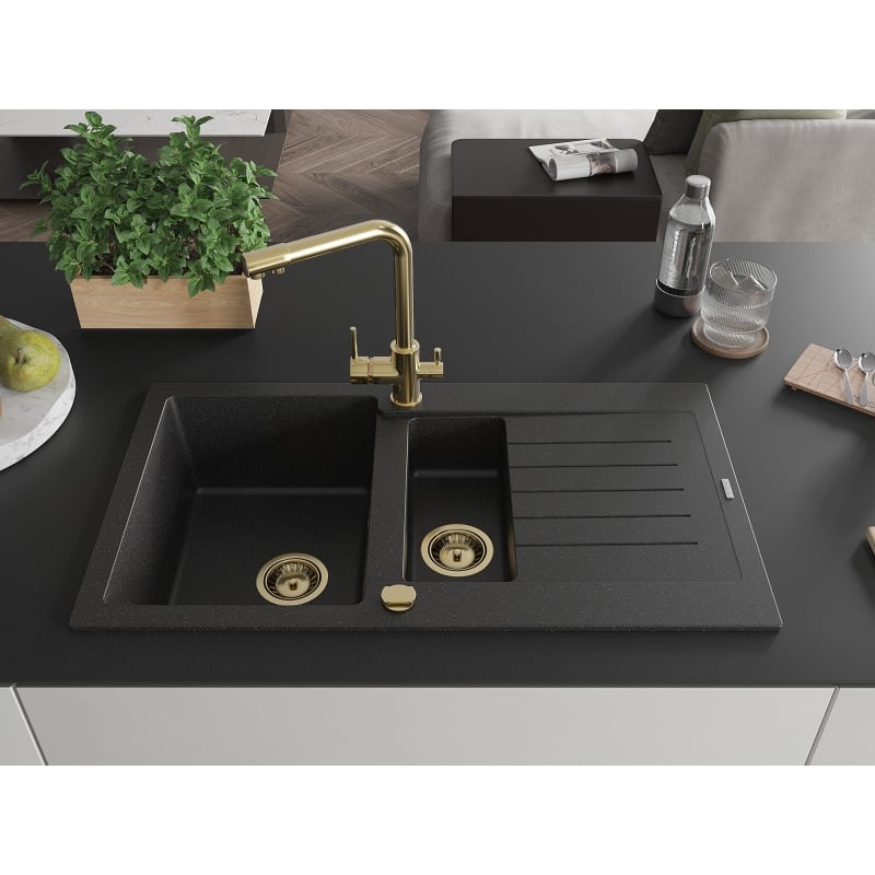 Mexen Matias granite sink 1.5-bowl with drainer and Duero kitchen faucet, black/silver metallic - 6502-73-671600-50