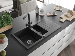 Mexen Matias 1.5-compartment granite sink with a drip tray and kitchen mixer tap Duero, Black/Silver metallic- 6502-73-671600-70