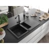 Mexen Matias 1.5-compartment granite sink with a drip tray and kitchen mixer tap Duero, Black/Silver - 6502-73-671600-70-B