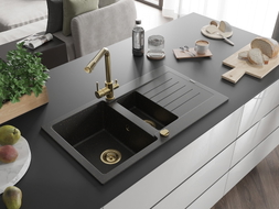 Mexen Matias granite sink 1.5-bowl with drainer and kitchen faucet Duero, black/gold metallic - 6502-75-671600-50