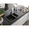 Mexen Matias granite sink 1.5-bowl with drainer and Duero kitchen tap, black/gold - 6502-75-671600-70-B