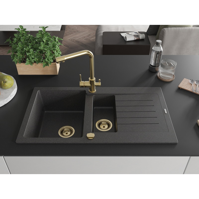 Mexen Matias granite sink 1.5-bowl with drainer and Duero kitchen faucet, speckled black - 6502-76-671600-50