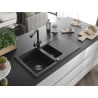 Mexen Matias 1.5-compartment granite sink with a drip tray and kitchen mixer tap Duero, spotted black - 6502-76-671600-70